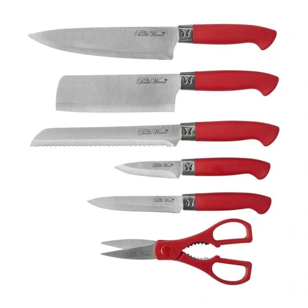 The Pioneer Woman Sweet Rose 11-Piece Stainless Steel Knife Block Set, Red NEW